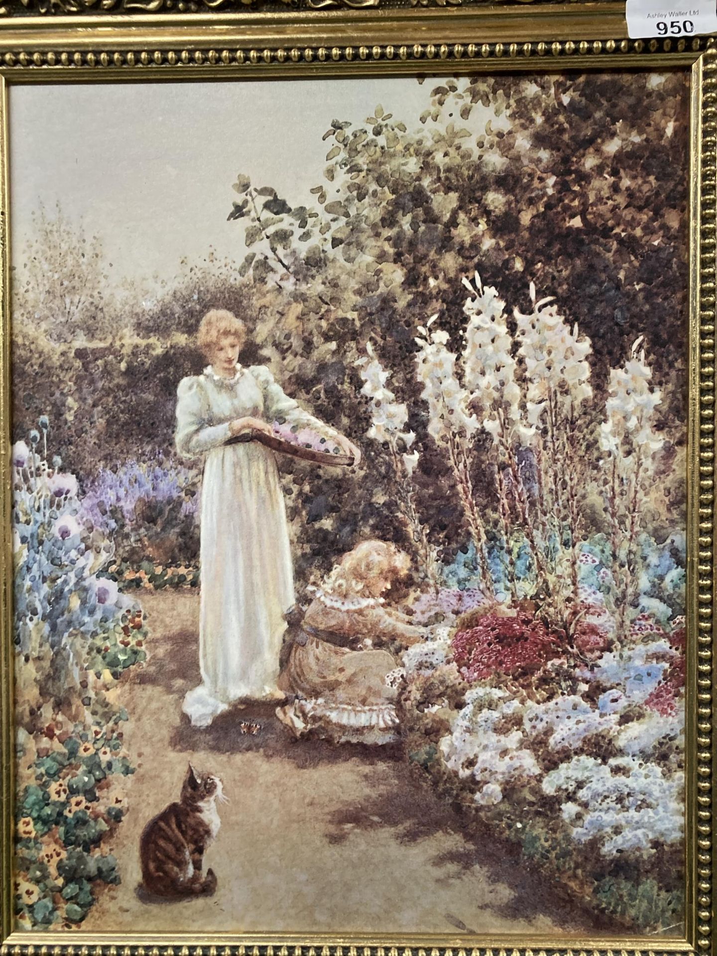 A PRINT ON BOARD OF A GARDEN SCENE IN A GILT FRAME, 42CM X 50CM - Image 2 of 2