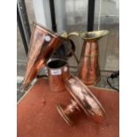 AN ASSORTMENT OF COPPER ITEMS TO INCLUDE THREE VARIOUS JUGS AND A BOWL ETC