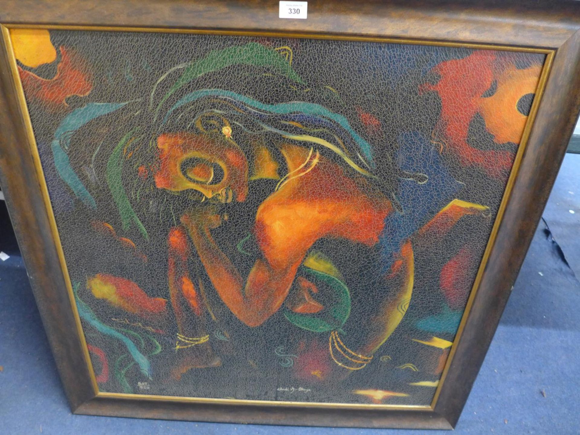 CHIDE A OKOYE, A LIMITED EDITION (805/950) CANVAS PRINT OF A CROUCHING FIGURE, 78 X 78CM, FRAMED