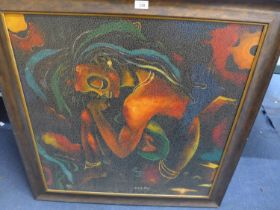 CHIDE A OKOYE, A LIMITED EDITION (805/950) CANVAS PRINT OF A CROUCHING FIGURE, 78 X 78CM, FRAMED