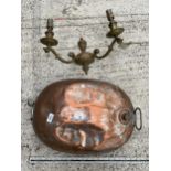 A VINTAGE BRASS LIGHT FITTING AND A COPPER BED WARMING PAN