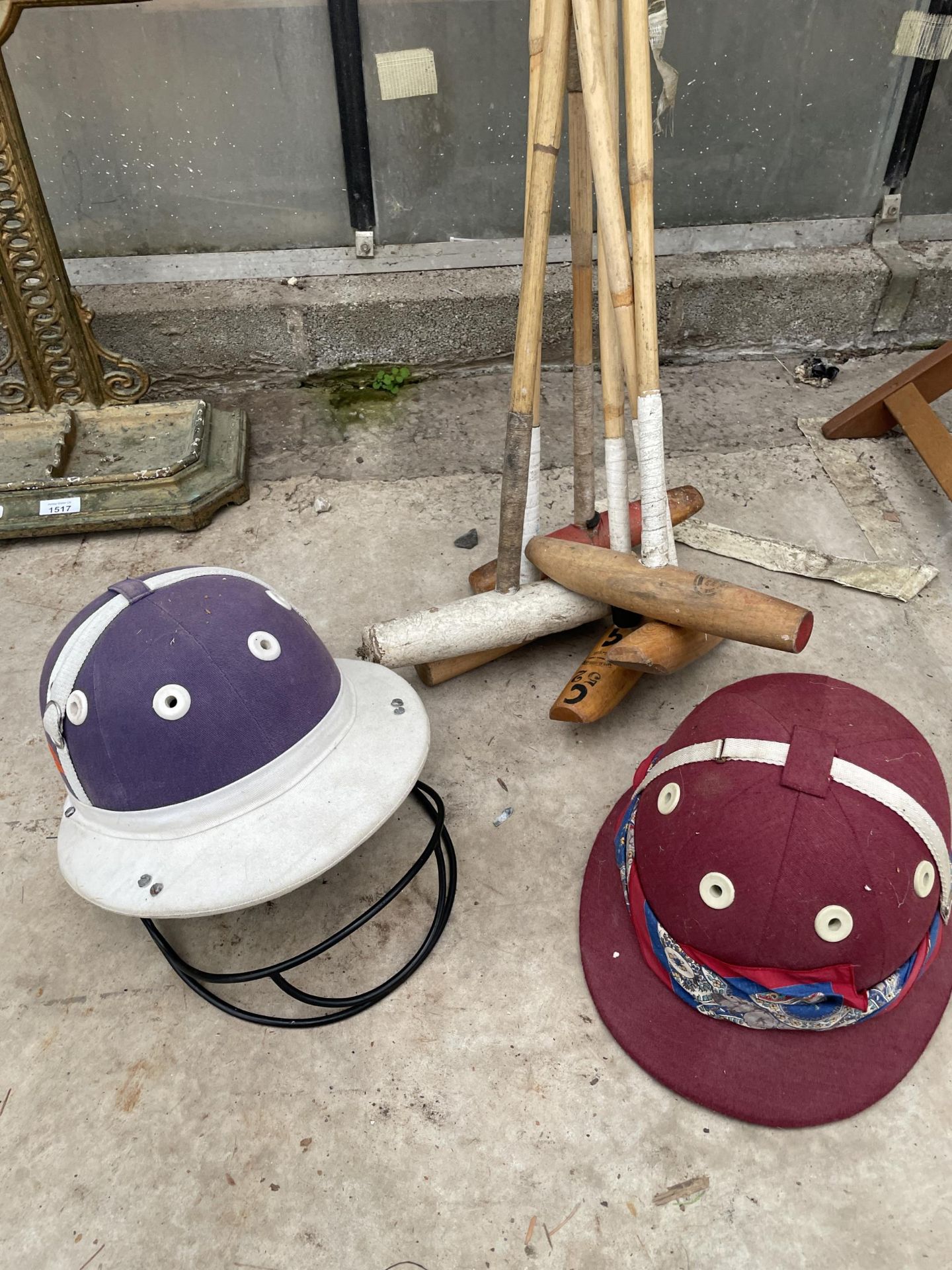 SIX VINTAGE WOODEN POLO STICKS AND TWO POLO HELMETS - Image 2 of 4