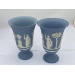 A PAIR OF WEDGWOOD PALE BLUE JASPERWARE CLASSICAL PEDESTAL VASES