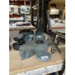 A GROUP OF HARDSTONE EFFECT ITEMS, METAL CANDLE HOLDER ETC