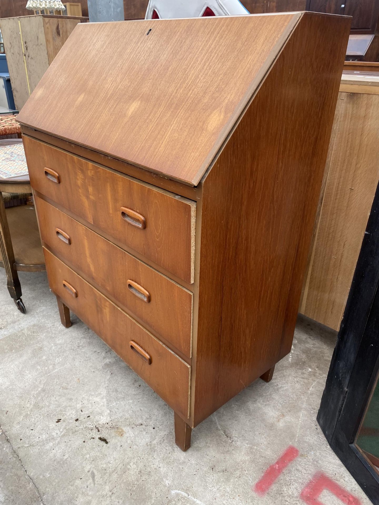 A RETRO TEAK FALL FRONT BUREAU ENCLOSING THREE DRAWERS, 29" WIDE - Image 2 of 4