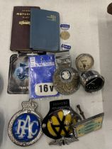 A MIXED LOT OF CAR RELATED COLLECTABLES - AA AND RAC BADGES ETC