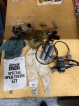 A COLLECTION OF ORIGINAL PALITOY ACTION MAN WEAPONS AND ACCESSORIES TO INCLUDE DIVING SUIT, ETC