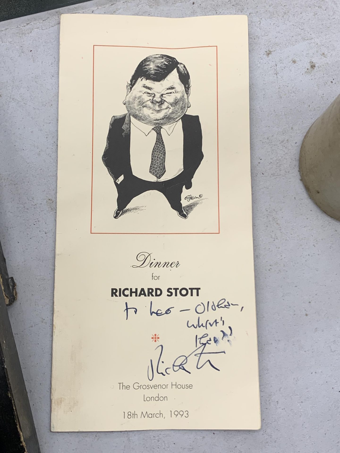 A SIGNED RICHARD STOTT DINNER MENU, GROSVENOR HOUSE, LONDON