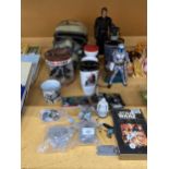 A LARGE COLLECTION OF STAR WARS ITEMS TO INCLUDE A STORMTROOPER MASK, A BOXED SHADOW TROOPER FIGURE,