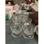 AN ETCHED FOOTED TRIFLE BOWL PLUS SIX ETCHED DESSERT BOWLS