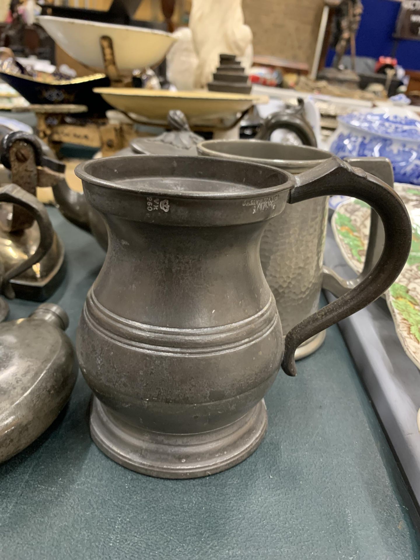 A COLLECTION OF 19TH CENTURY AND FURTHER PEWTER TANKARDS, FURTHER IRON ETC - Image 2 of 4