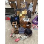 AN ASSORTMENT OF ITEMS TO INCLUDE ORNAMENTS, VASES AND A WICKER BASKET ETC
