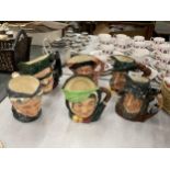 A GROUP OF SIX ROYAL DOULTON CHARACTER JUGS , RIP VAN WINKLE, PIED PIPER ETC