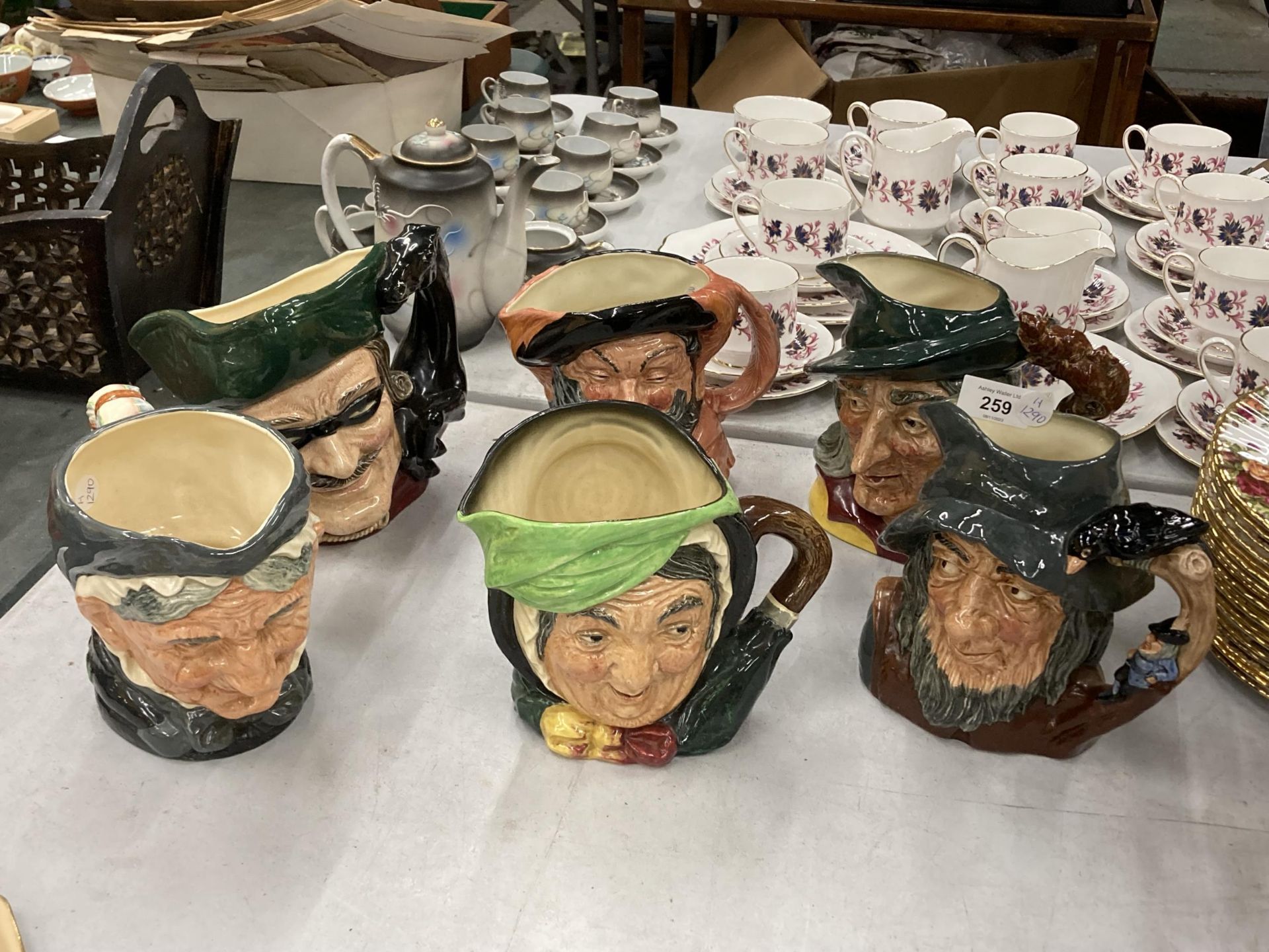 A GROUP OF SIX ROYAL DOULTON CHARACTER JUGS , RIP VAN WINKLE, PIED PIPER ETC