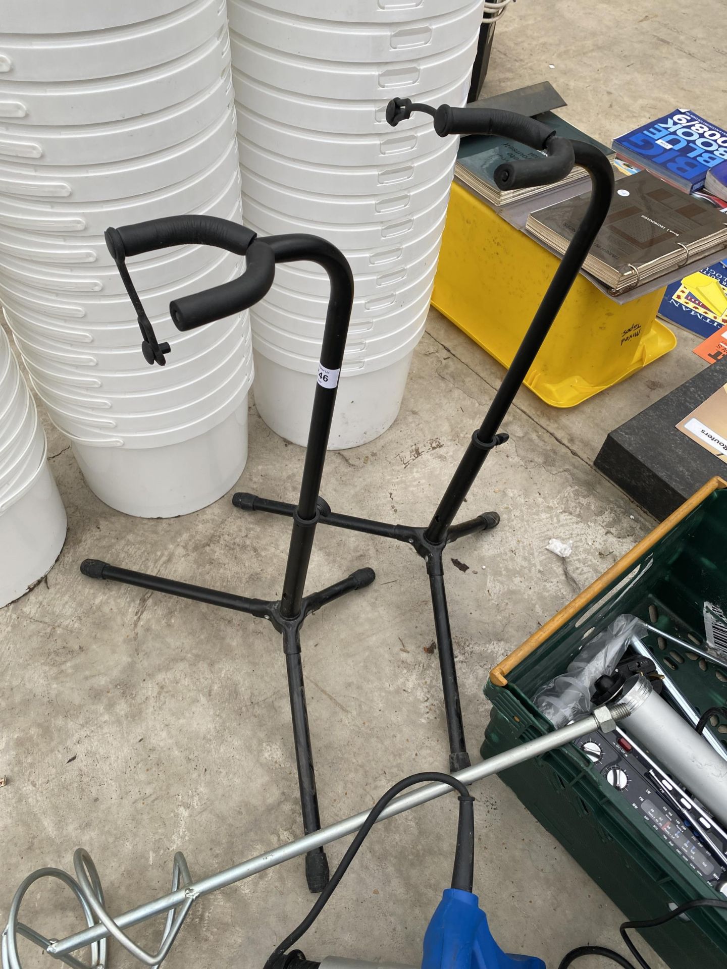 TWO METAL TRIPOD GUITAR STANDS