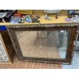 A VINTAGE LARGE HEAVY WALL MIRROR IN A WOOD AND GILT FRAME, 100CM X 75CM - FRAME IN NEED OF