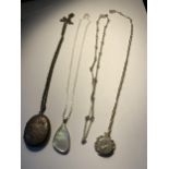 FOUR ASSORTED SILVER NECKLACES THREE WITH PENDANTS