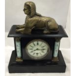 A HEAVY FRENCH MARBLE MANTLE CLOCK WITH BRONZE SPHINX TOP AND ORMELU AND ENAMEL COLUMN SUPPORTS