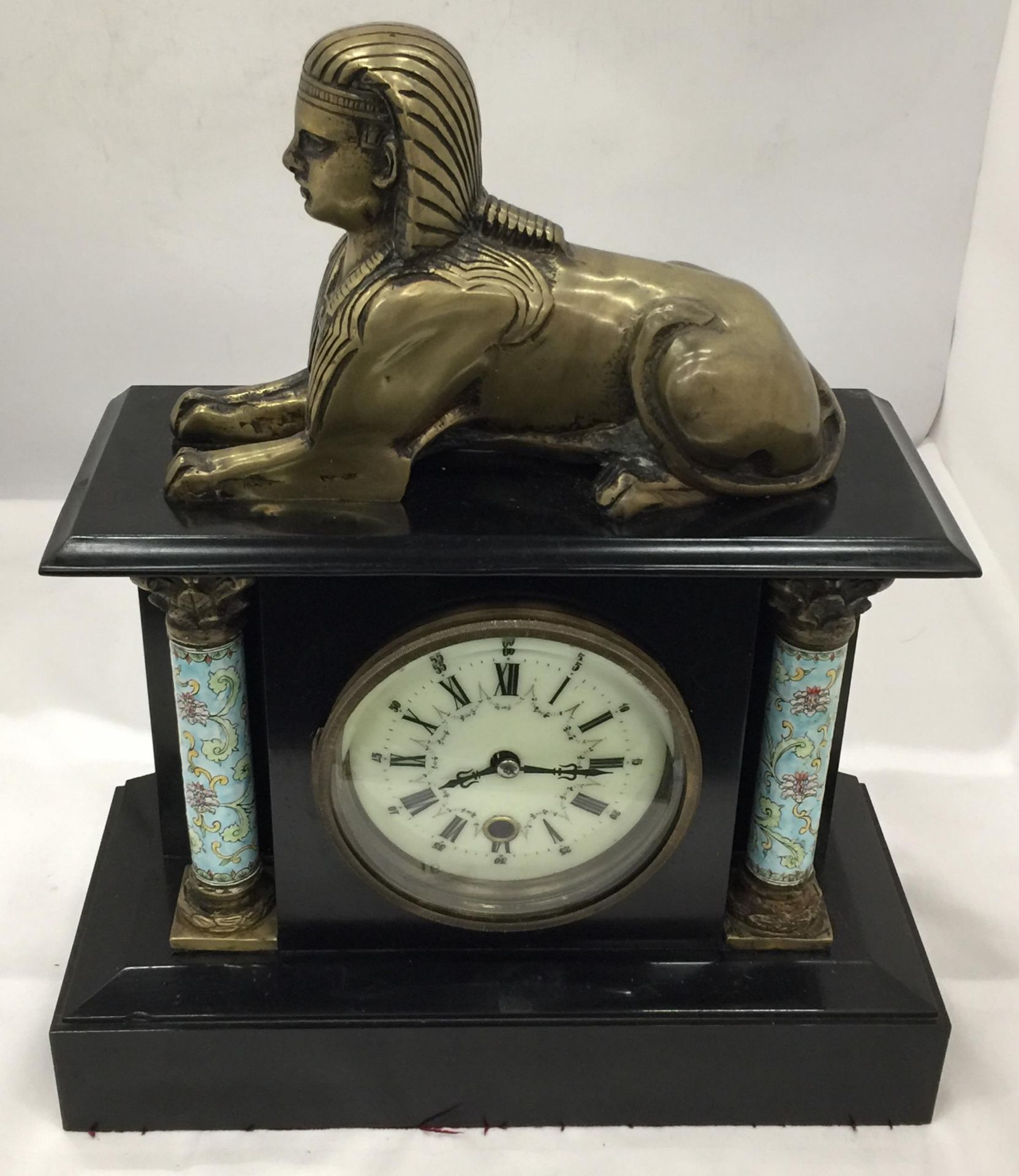 A HEAVY FRENCH MARBLE MANTLE CLOCK WITH BRONZE SPHINX TOP AND ORMELU AND ENAMEL COLUMN SUPPORTS