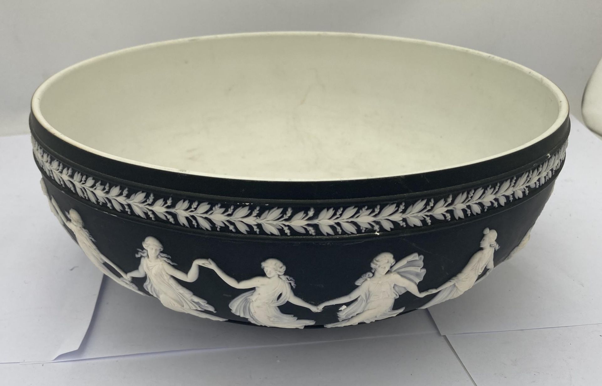 A WEDGWOOD BLACK JASPERWARE DIP DANCING HOURS PATTERN CENTREPIECE BOWL