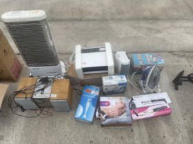 A LARGE ASSORTMENT OF ITEMS TO INCLUDE HAIR CURLERS, A HEATER AND A SONY STEREO WITH SPEAKERS ETC