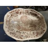 A LARGE VINTAGE TURKEY BROWN AND WHITE TRANSFER PRINTED MEAT PLATTER