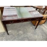 A 19TH CENTURY STYLE PARTNERS TABLE WITH INSET LEATHER TOP ON TAPERING LEGS, 54 X 36"