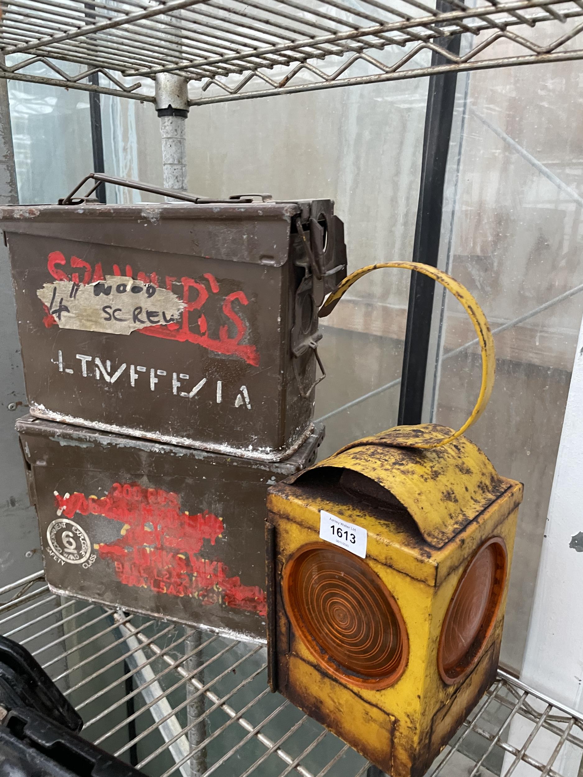 TWO VINTAGE AMMO TINS AND A VINTAGE 'J MURPHY' ROAD LAMP