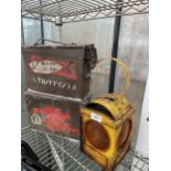 TWO VINTAGE AMMO TINS AND A VINTAGE 'J MURPHY' ROAD LAMP