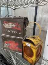 TWO VINTAGE AMMO TINS AND A VINTAGE 'J MURPHY' ROAD LAMP