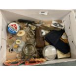 A QUANTITY OF COLLECTABLES TO INCLUDE POLICEMEN'S EPAULETTES, COSTUME JEWELLERY, COINS, TOOLS, ETC