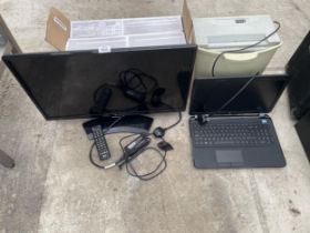 AN ASSORTMENT OF ITEMS TO INCLUDE AN LG 28" TELEVISION WITH REMOTE CONTROL AND A HP LAPTOP ETC