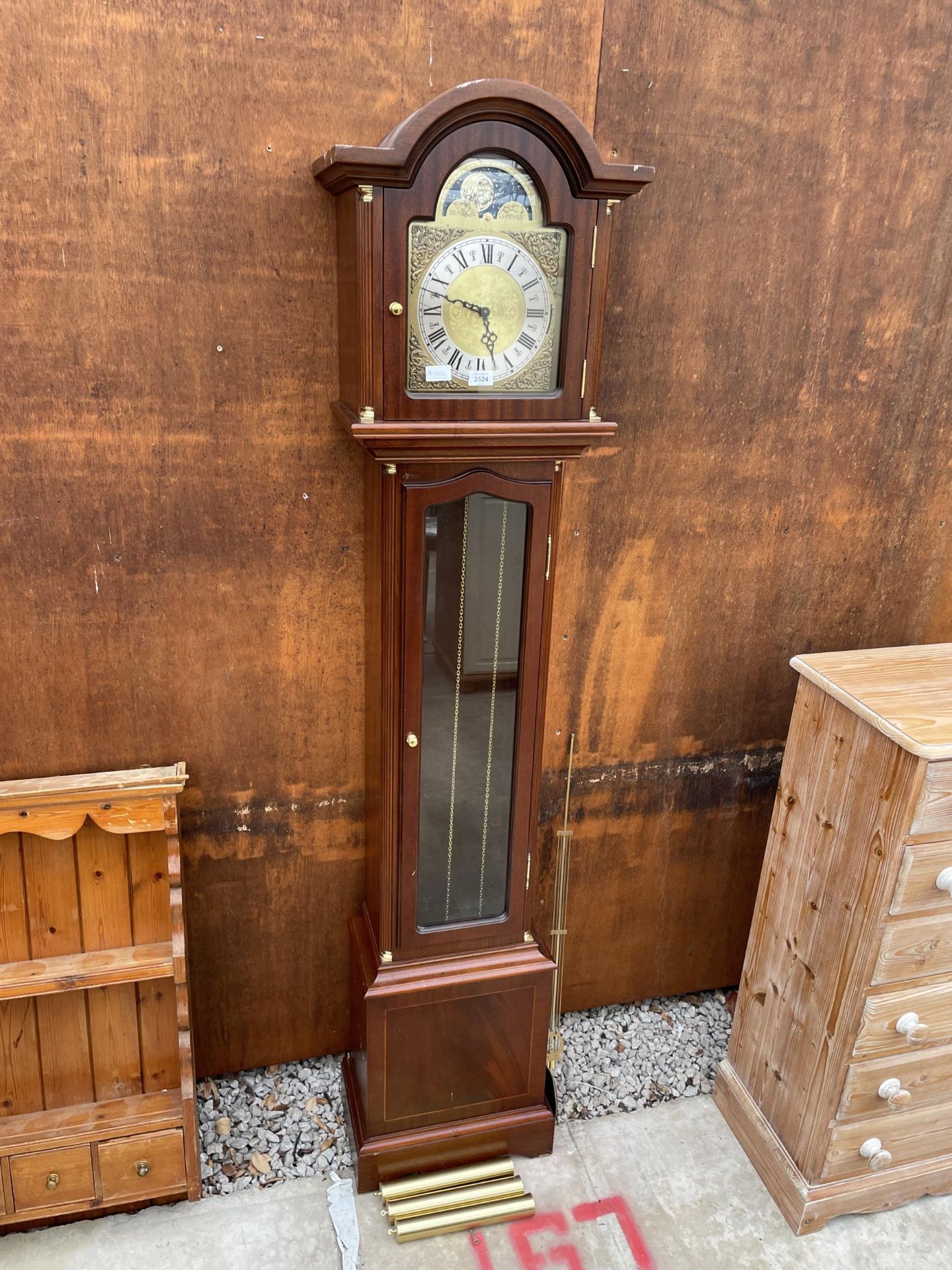 A REPRODUCTION 'THOMAS BYRNE' TRIPLE WEIGHT LONGCASE CLOCK WITH GLASS DOOR