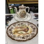 A ROYAL WORCESTER PALISSY GAME SERIES COFFEE POT AND SERVING DISH TOGETHER WITH COPELAND SPODE