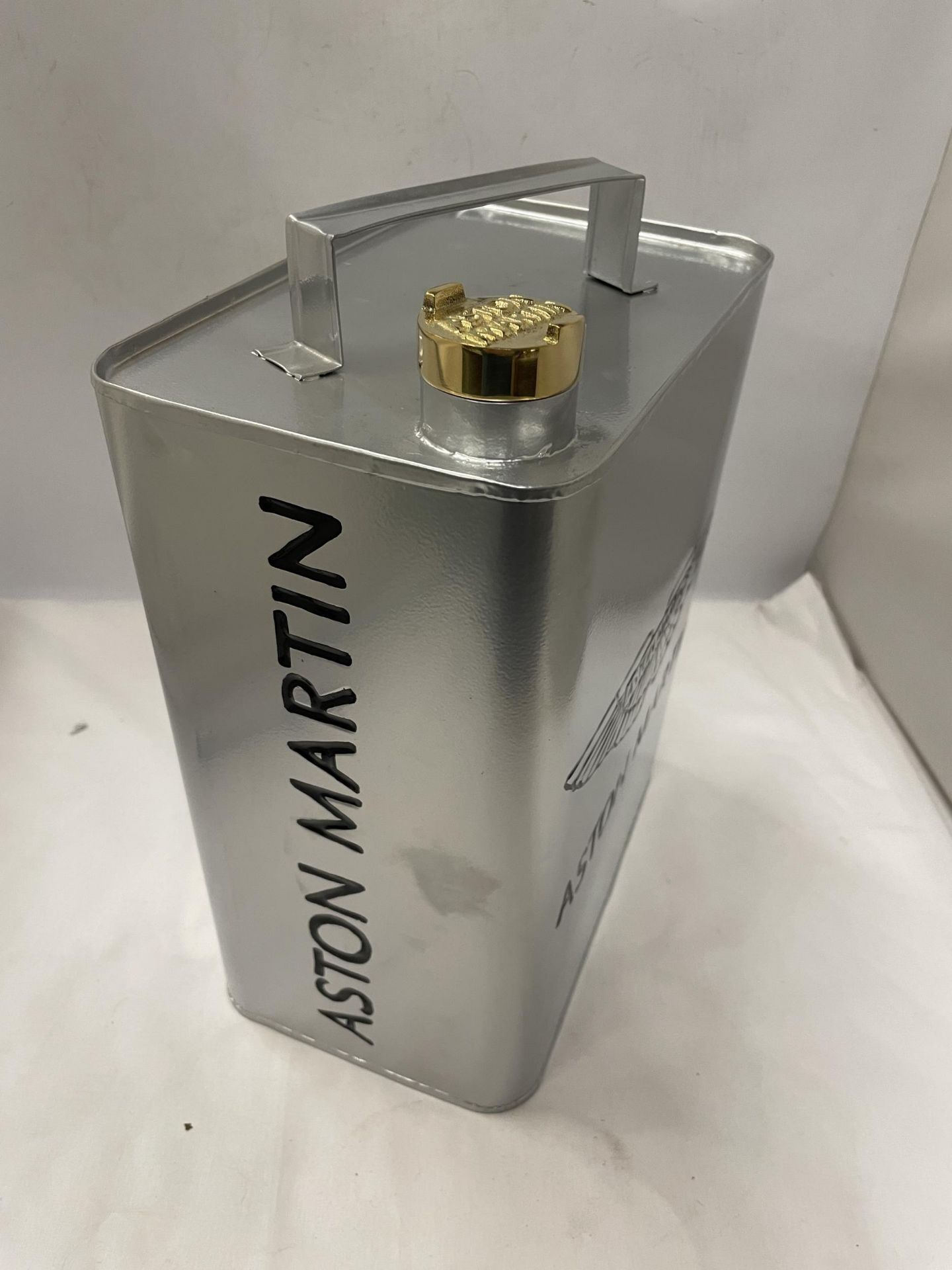 A SILVER METAL ASTON MARTIN PETROL CAN WITH BRASS TOP - Image 2 of 3