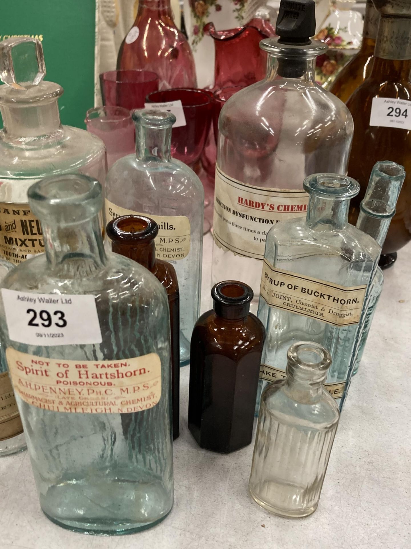 A COLLECTION OF VINTAGE GLASS MEDICINE BOTTLES ETC - Image 2 of 3