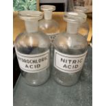 FIVE VINTAGE APOCATHARY BOTTLES TO INCLUDE AMMONIA, NITRIC ACID, ACETIC ACID, ETC