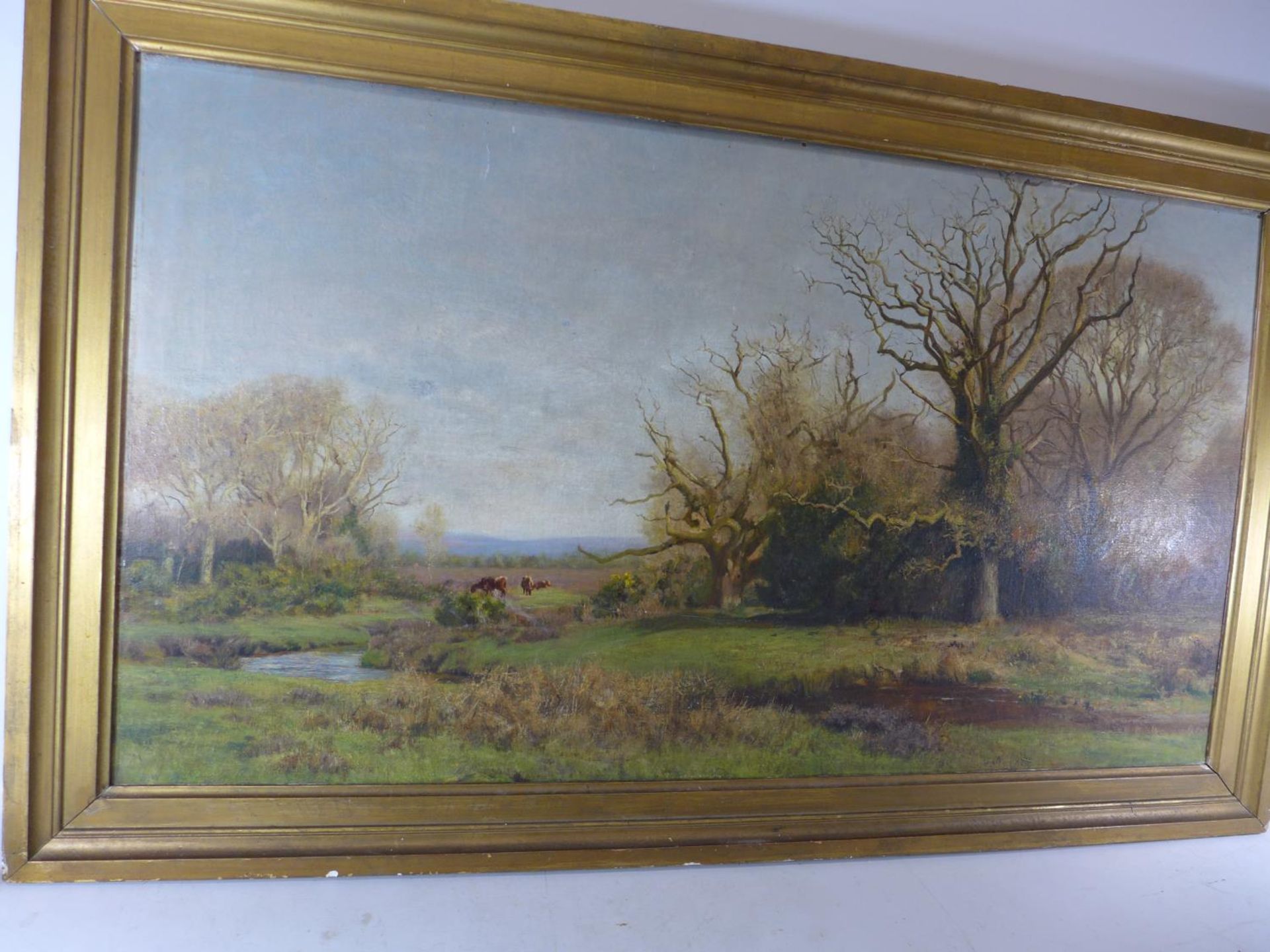19TH CENTURY SCHOOL, CATTLE IN A WOODED LANDSCAPE, OIL ON CANVAS, 55 X 101CM, FRAMED