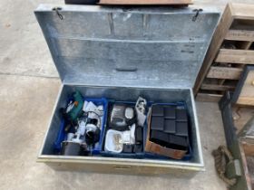 A LARGE GALVANISED STORAGE TRUNK AND A FOUR WHEELED WORKSHOP TROLLEY TO ALSO INCLUDE TOOLS AND