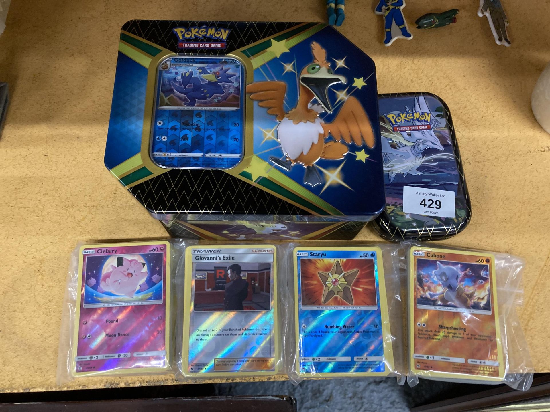 TWO POKEMON COLLECTORS TINS WITH 300+ CARDS INCLUDING SHINIES, RARES, ETC