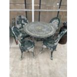A CAST ALLOY BISTRO SET COMPRISING OF A ROUND TABLE AND FOUR CHAIRS