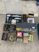 A LARGE ASSORTMENT OF HARDWARE TO INCLUDE BOLTS AND RAWL PLUGS ETC