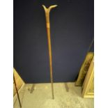 A VINTAGE SHEPHERDS CROOK HORN HANDLED WALKING STICK WITH COPPER FERRULE