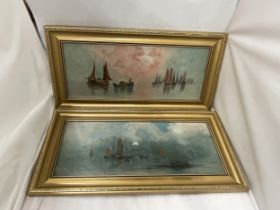 A PAIR OF GILT FRAMED OIL ON BOARDS OF SAILING BOATS