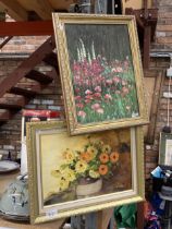 TWO OILS ON CANVAS, ONE OF STILL LIFE FLOWERS, THE OTHER A FLOWER MEADOW, BOTH IN GILT FRAMES