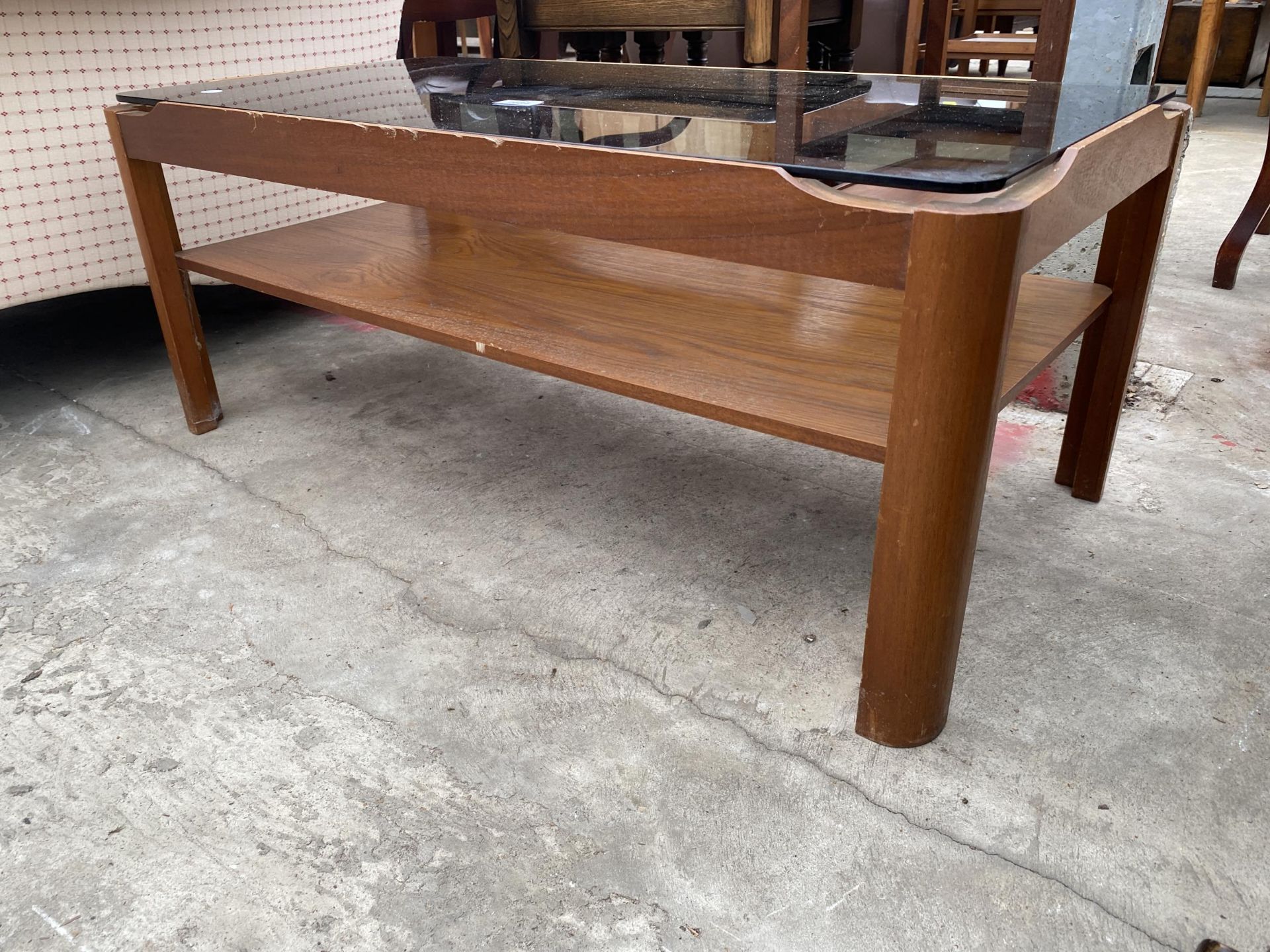 A RETRO TEAK TWO TIER COFFEE TABLE WITH INSET SMOKED GLASS TOP, 34 X 17" - Image 2 of 4