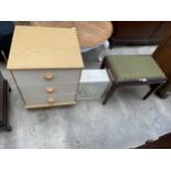 A THREE DRAWER BEDSIDE CHEST OF DRAWERS, BATHROOM CABINET AND DRESSING STOOL