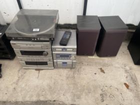 AN ASSORTMENT OF STEREO SYSTEM ITEMS TO INCLUDE A DENON STEREO WITH A PAIR OF SPEAKERS ETC