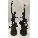 A PAIR OF VINTAGE FRENCH SPELTER CLASSICAL FIGURES TITLED 'LE CHASSEUR' AND 'LA CHASSERESSE'