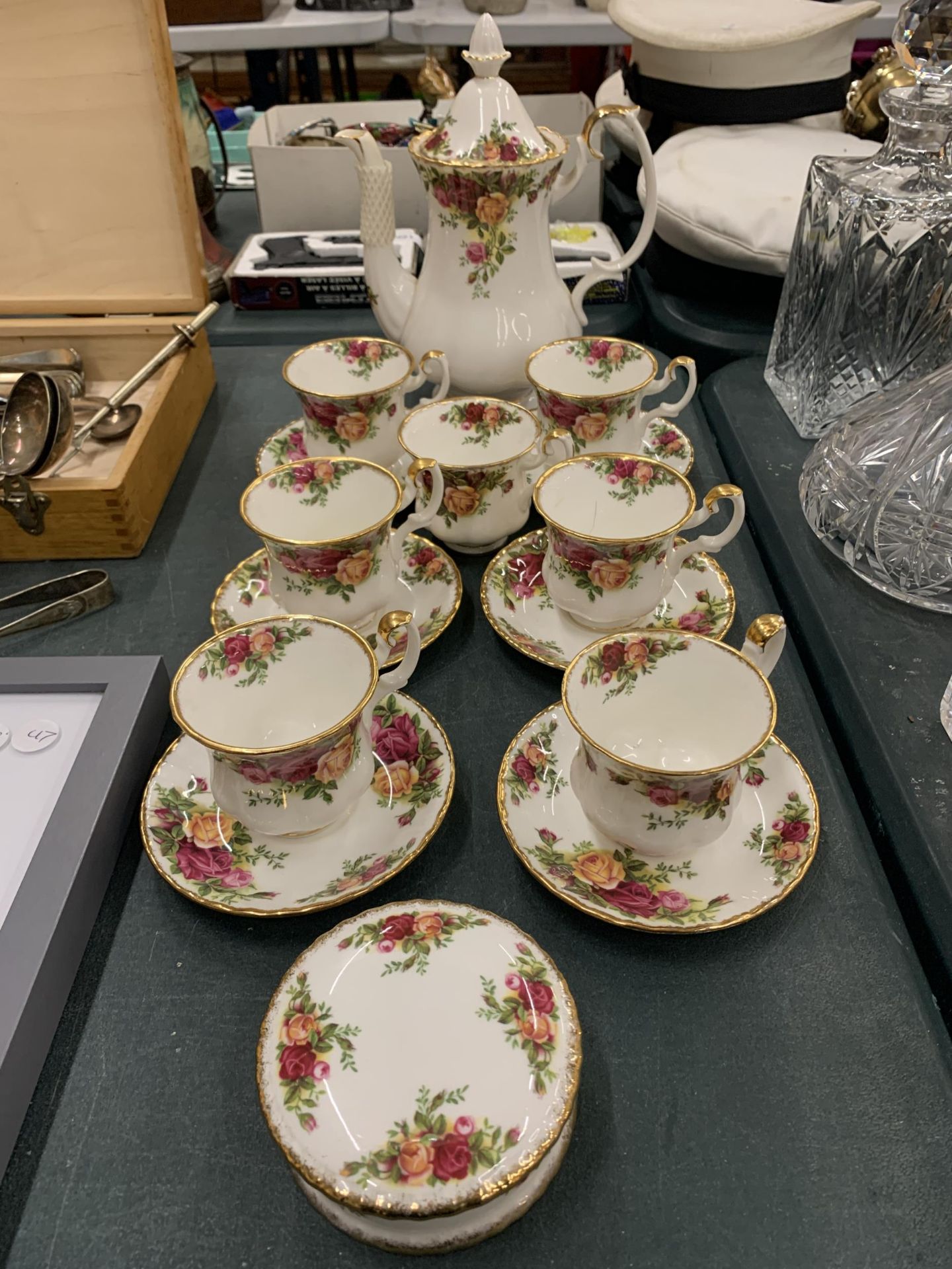 A ROYAL ALBERT OLD COUNTRY ROSES COFFEE SET COMPRISING COFFEE POT, CUPS SAUCERS ETC